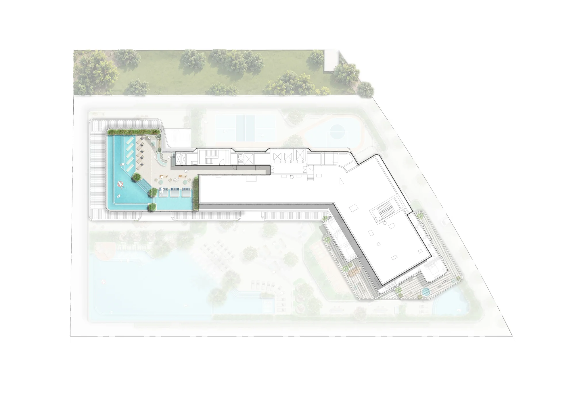 The Bay Interiors by Missoni Sky Deck plan, rooftop: sky pool, juice bar and seating