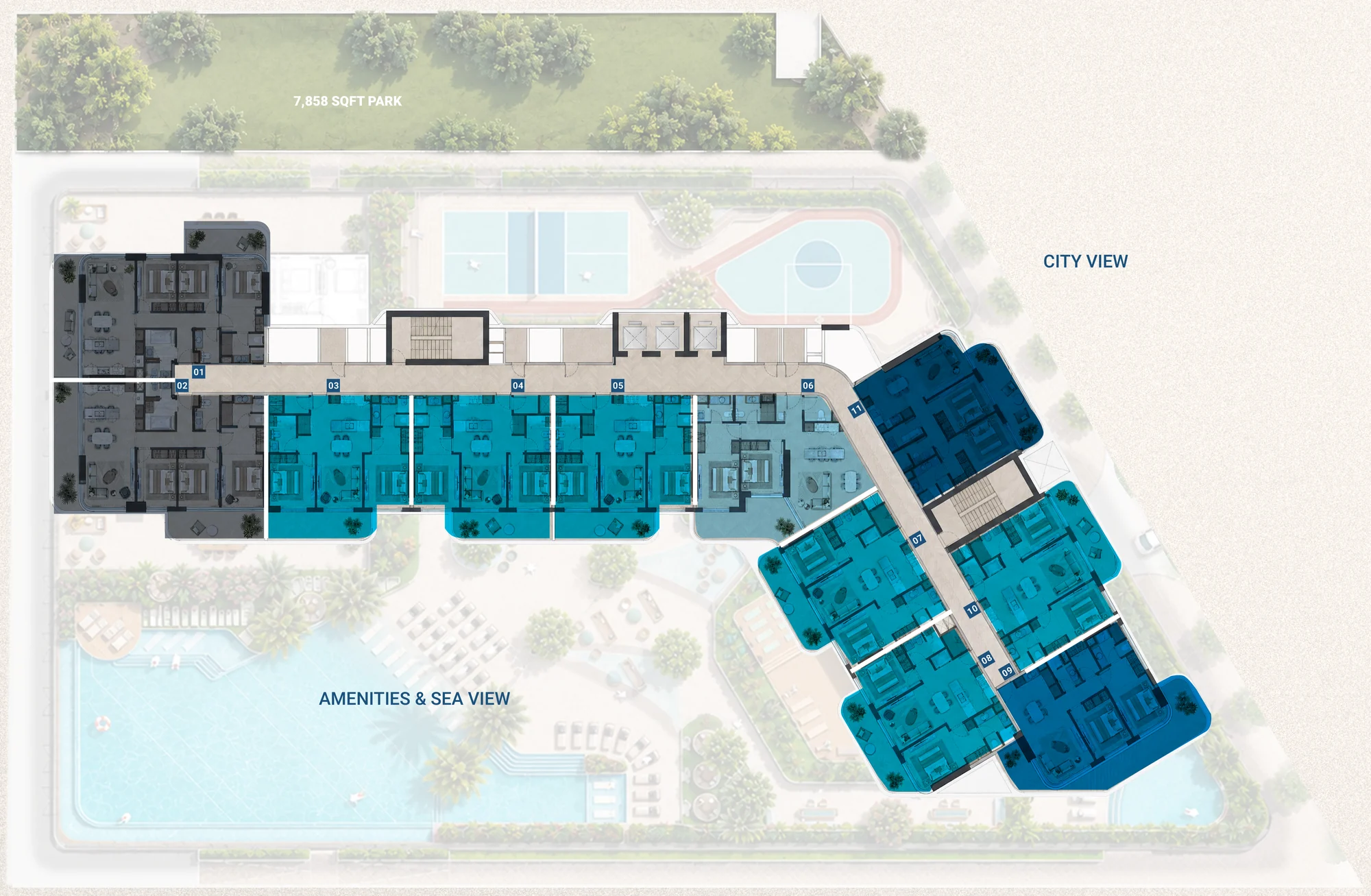 The Bay Interiors by Missoni typical floor plan, 5th to 13th floor: eleven homes, nine two-bedroom and two three-bedroom