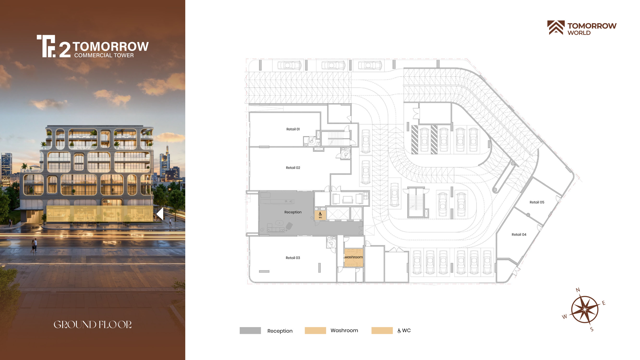 Tomorrow Commercial Tower 2 ground floor — five retail suites, reception and parking