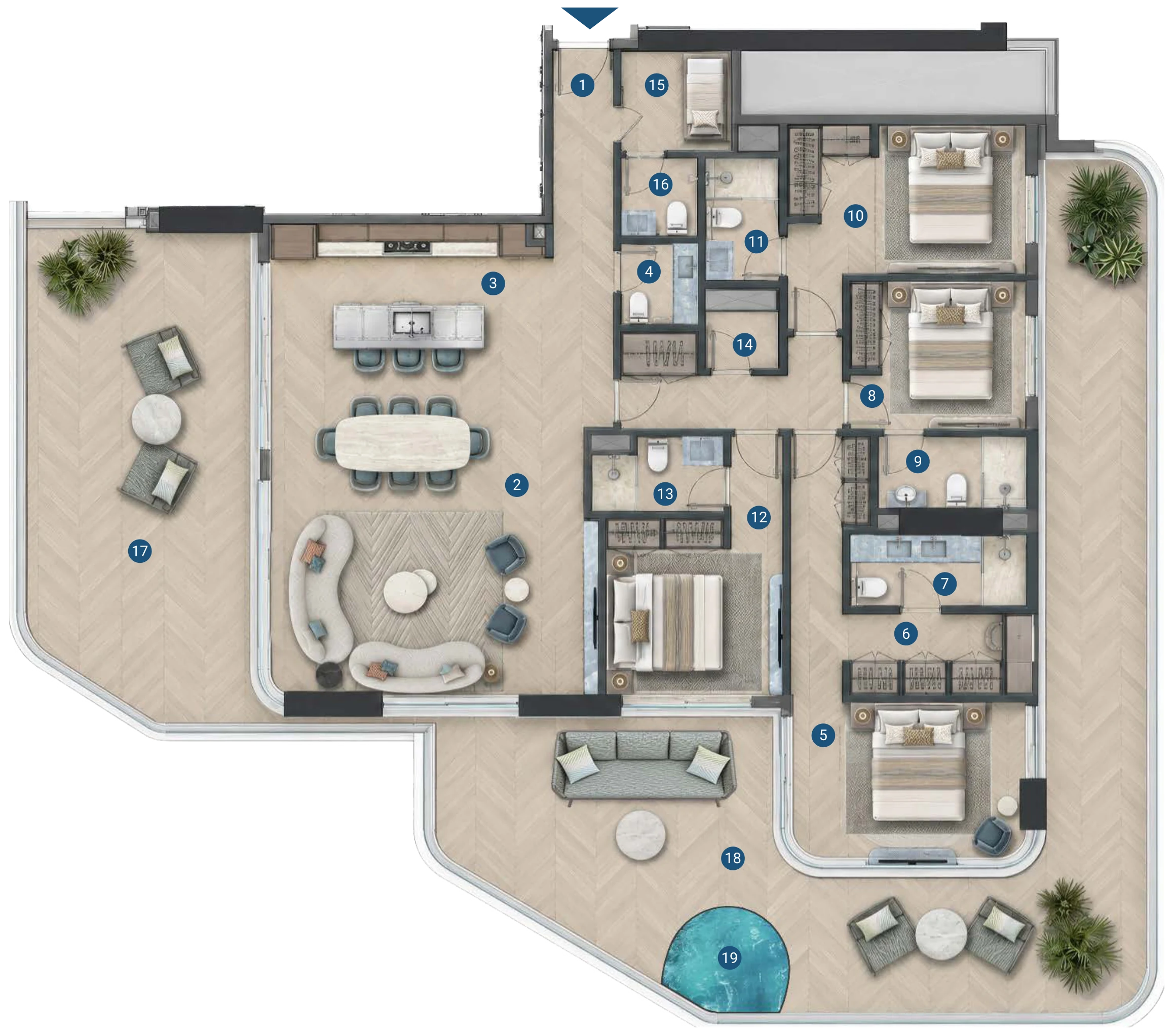 The Bay Interiors by Missoni four bedroom with pool type 1 layout, 14th floor, 3,551 sq ft in all, numbered as in the list